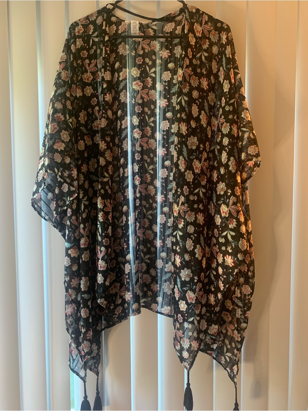 LC Lauren Conrad Black Sheer Floral Kimono with Tassels